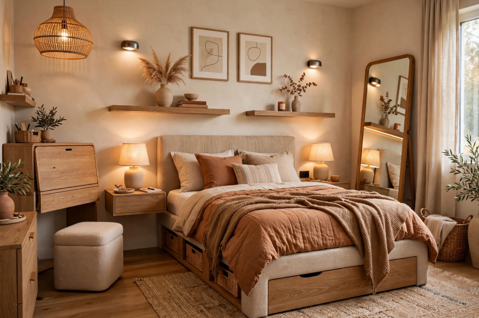 "Small bedroom layout with queen bed and dresser, featuring built-in bed storage drawers, terracotta bedding, floating bedside shelves, and a corner compact vanity desk with a floor mirror."   