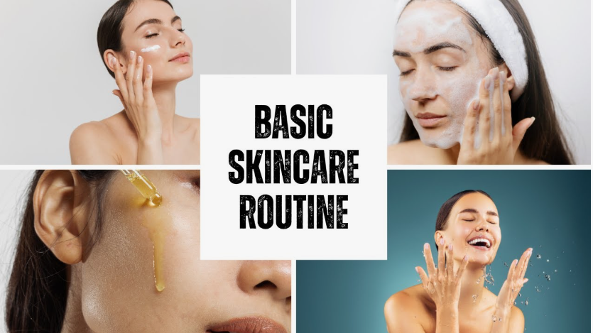 Low Maintenance Beauty Routine: A Simple 5-, 10-, and 15-Minute System A collage of four photos illustrating a basic skincare routine, featuring a woman applying moisturizer, cleansing with foam, applying a facial serum with a dropper, and splashing water on her face.