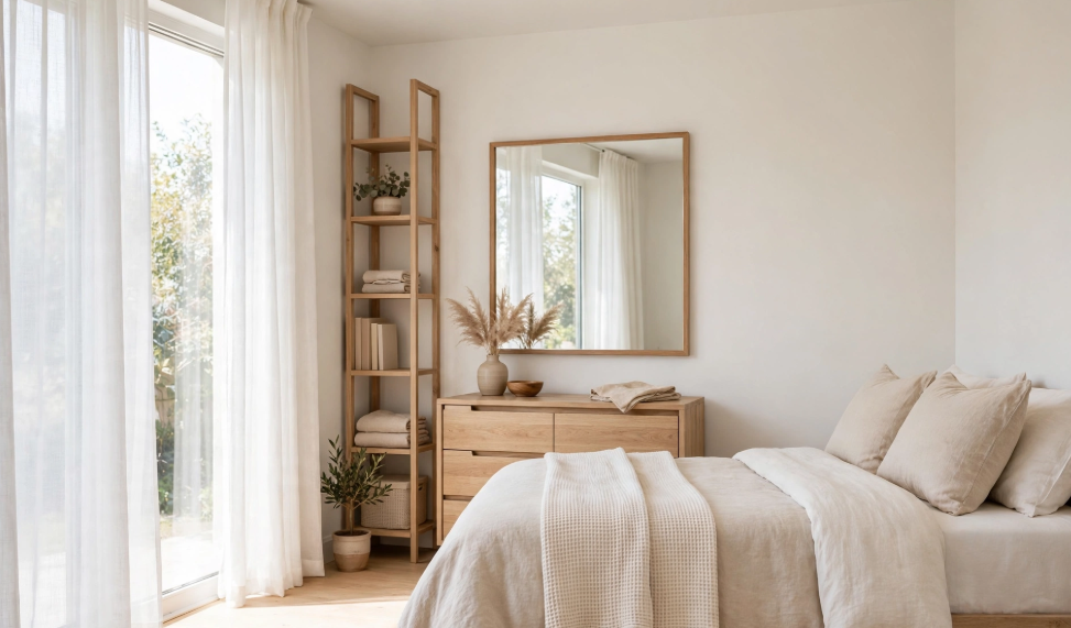 "Small bedroom layout with queen bed and dresser, featuring a natural light wood chest with a square wall mirror, tall open ladder shelving, and soft beige linen bedding beside floor-to-ceiling sheer window curtains."   