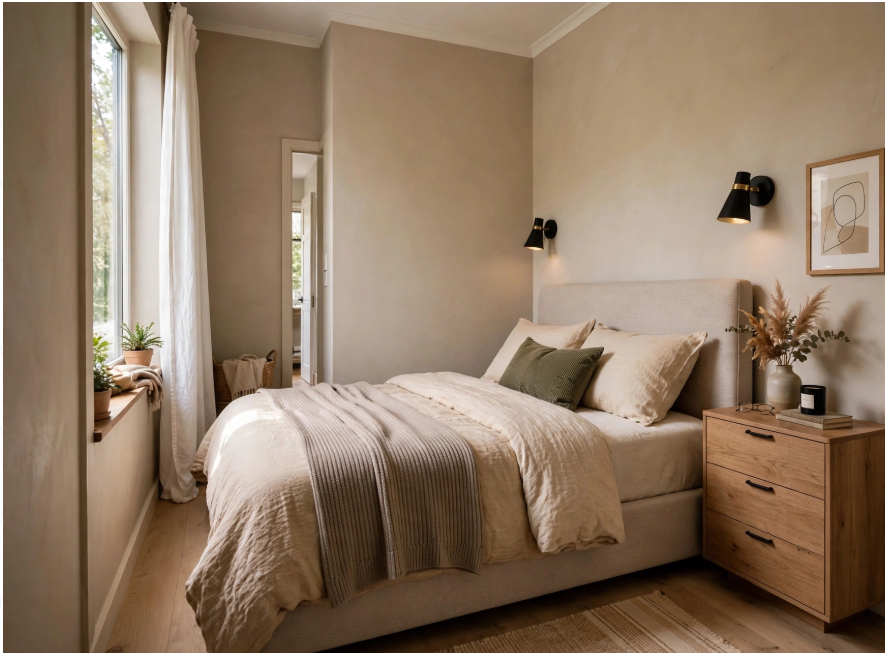 "Small bedroom layout with queen bed and dresser, featuring an upholstered headboard, black-and-brass wall sconces, soft warm beige walls, and a light wood three-drawer dresser bedside."   