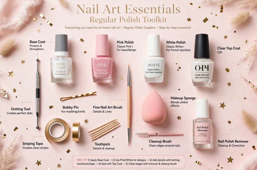 Flat lay toolkit for nail art with regular polish featuring base coat, polishes, dotting tools, brushes, makeup sponge, and striping tape on a pink background.   