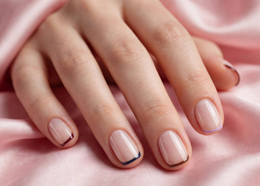 Minimalist micro French tips nail art with regular polish featuring thin multicolored lines on short glossy nude nails.   