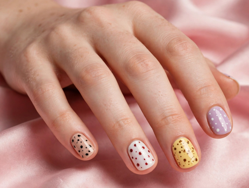Playful polka dot and speckled nail art with regular polish featuring pastel purple, yellow, white, and nude short nails.   