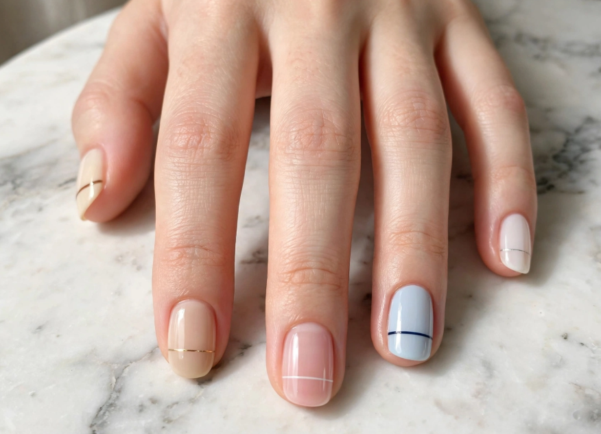 Minimalist striped nail art with regular polish featuring thin horizontal accent lines on soft pastel and nude short nails.   