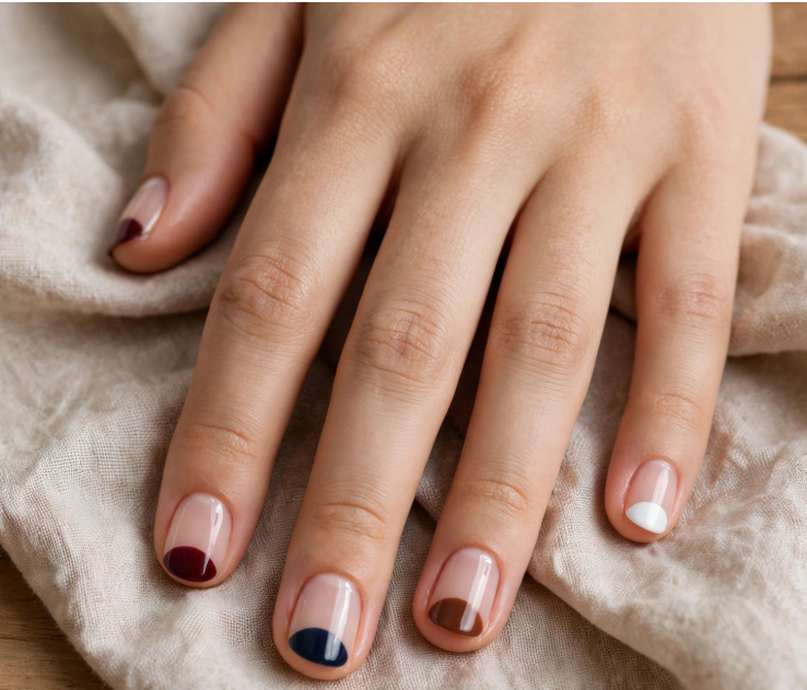 Minimalist half-moon tip nail art with regular polish featuring deep jewel tones on natural negative space short nails.   