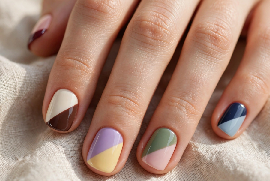 Diagonal color-block nail art with regular polish featuring split-tone pastel and earthy shades on short natural nails.   