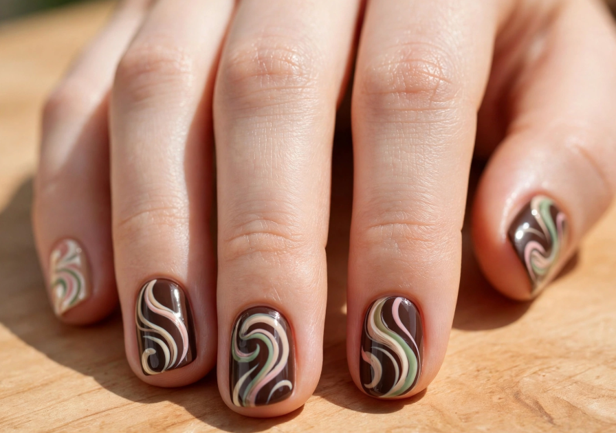 Retro swirl marble nail art with regular polish featuring brown, cream, pink, and sage green waves on short natural nails.   