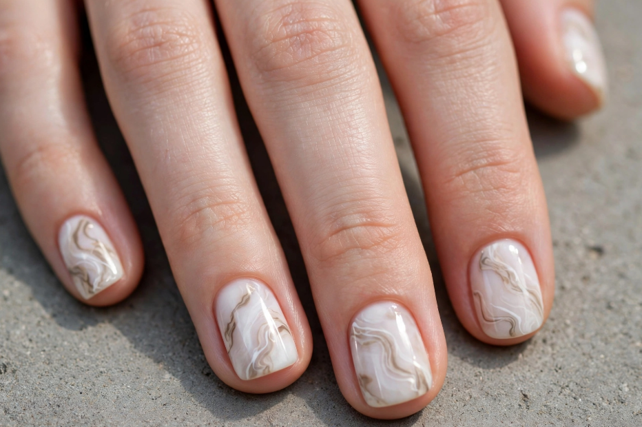 Elegant white quartz marble nail art with regular polish featuring soft beige and taupe veining on short square-oval nails.   