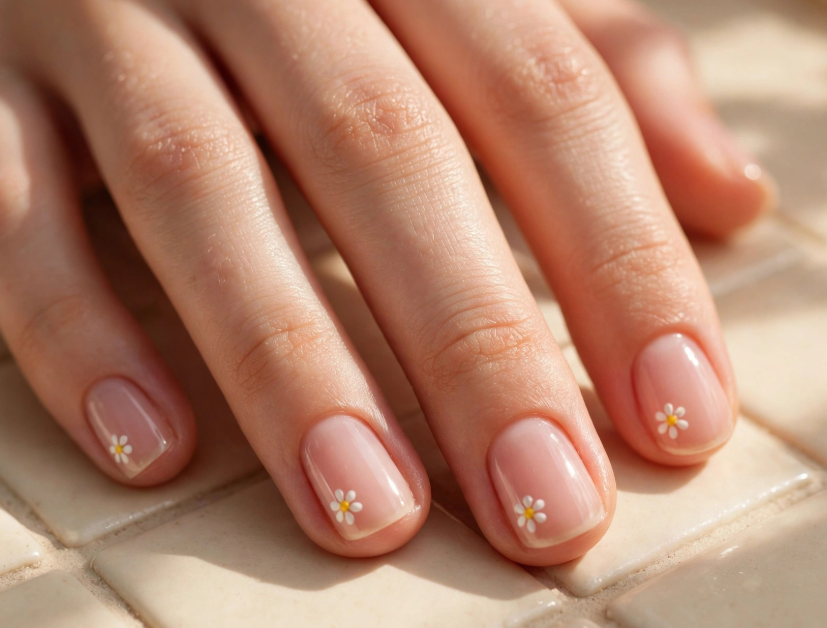 Delicate daisy floral nail art with regular polish featuring tiny white flowers on short glossy nude nails.   