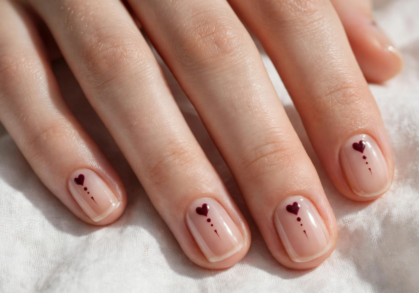 Minimalist burgundy heart nail art with regular polish featuring tiny delicate accent dots on glossy natural short nails.   