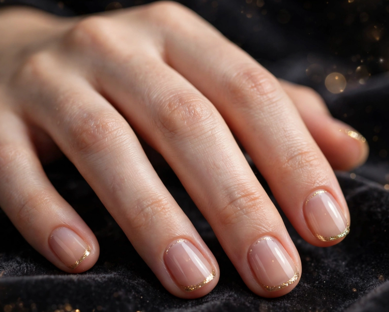 Elegant gold glitter micro French tip nail art with regular polish on short glossy nude natural nails.   