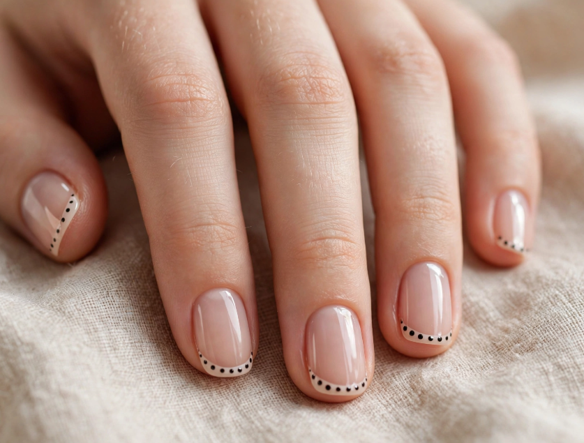 Dotted French tip nail art with regular polish featuring thin white micro tips lined with tiny black dots on short nude natural nails.   