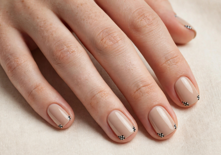 Subtle checkerboard corner accent nail art with regular polish on short glossy beige nude nails.