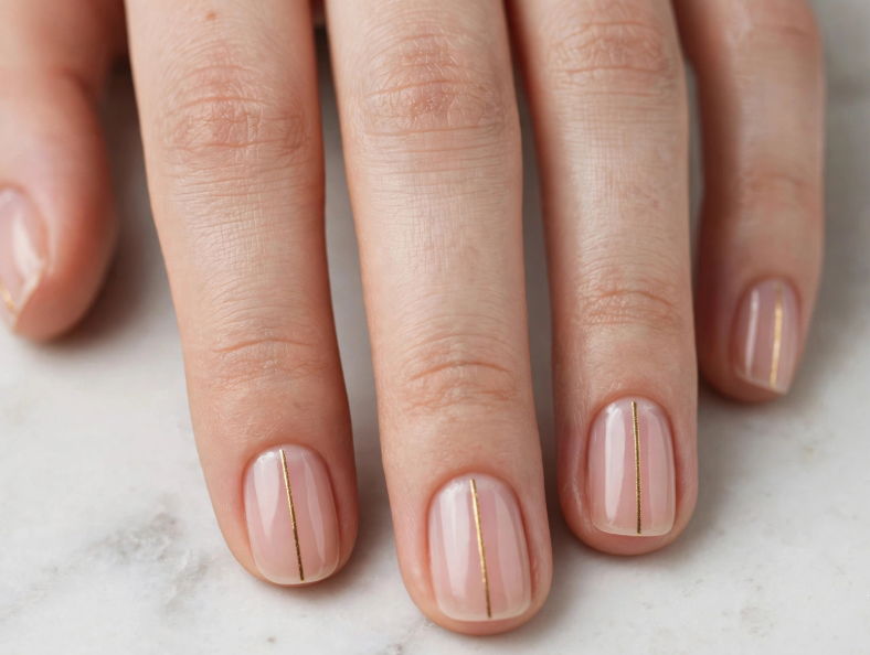 Minimalist vertical gold stripe nail art with regular polish on short glossy sheer nude natural nails.   