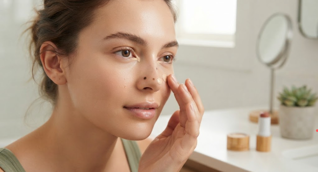 Low Maintenance Beauty Routine: A Simple 5-, 10-, and 15-Minute System A close-up of a woman with natural skin, focused as she applies a dot of concealer with her fingertip, in a brightly lit bathroom setting.