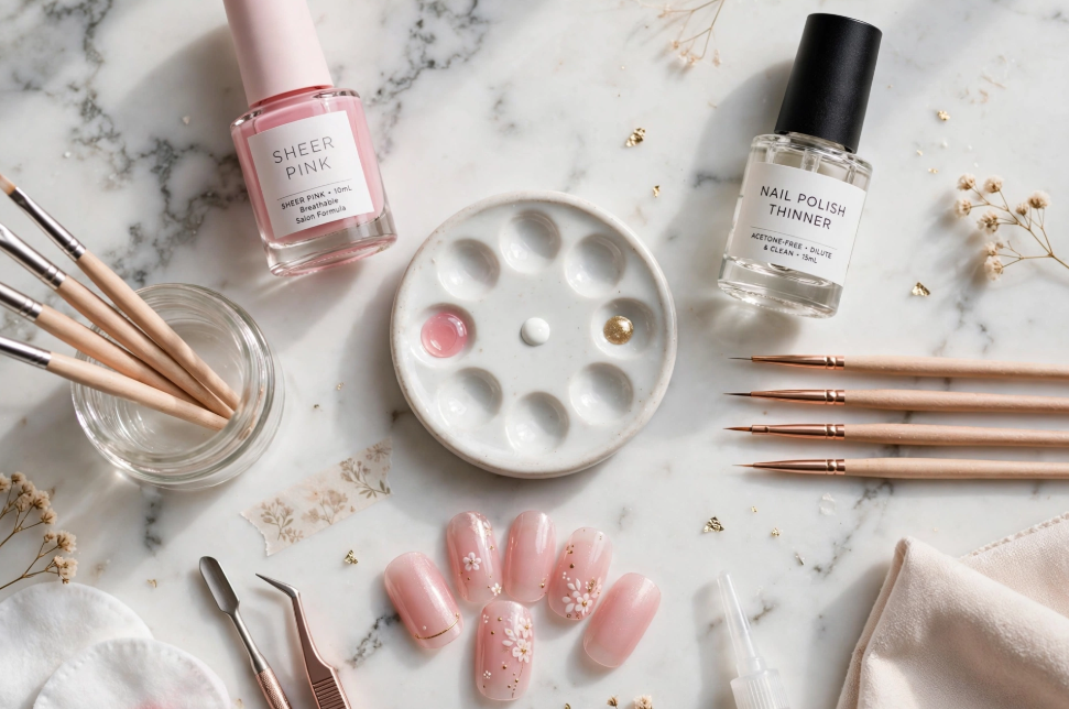 Aesthetic flat lay workspace for delicate floral nail art with regular polish featuring fine detail brushes, a ceramic mixing palette, and nail polish thinner.   