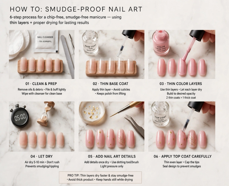 Step-by-step tutorial infographic showing how to create smudge-proof nail art with regular polish using thin layers and proper drying times.   