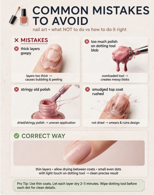Educational guide highlighting common mistakes to avoid in nail art with regular polish, comparing thick coats, overloaded tools, stringy polish, and smudged top coats to the correct method.   