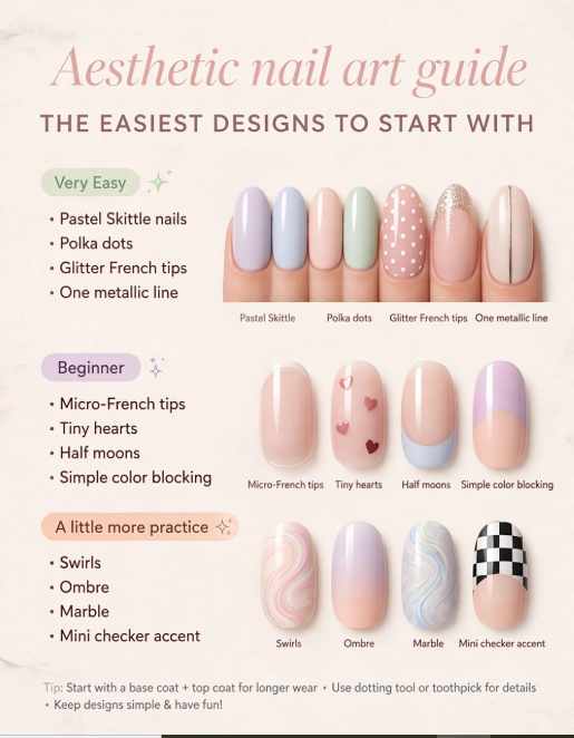 Aesthetic nail art with regular polish guide categorizing easiest beginner designs into Very Easy, Beginner, and A Little More Practice difficulty levels.   
