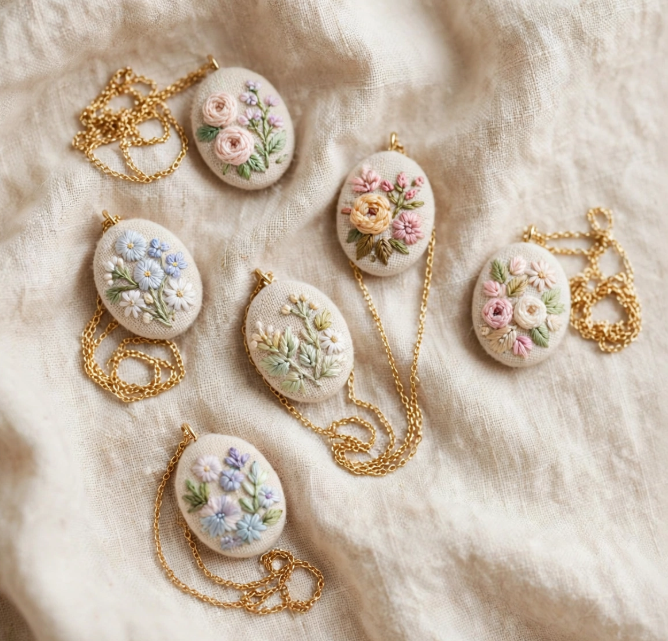 Hand-embroidered floral pendant necklaces on delicate gold chains displayed on linen fabric, showing crafts you can finish in one afternoon.