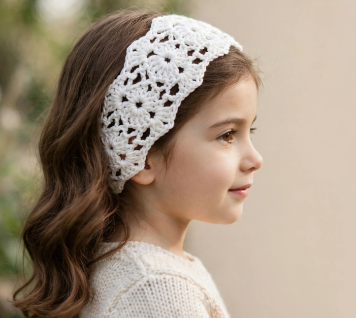Little girl wearing a white lace crochet floral headband, an easy project for crafts you can finish in one afternoon.