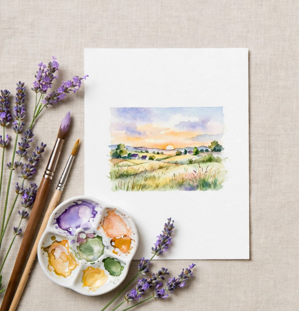 Watercolor painting of a sunset over countryside fields styled with paint brushes, a ceramic palette, and lavender sprigs, representing relaxing crafts you can finish in one afternoon.