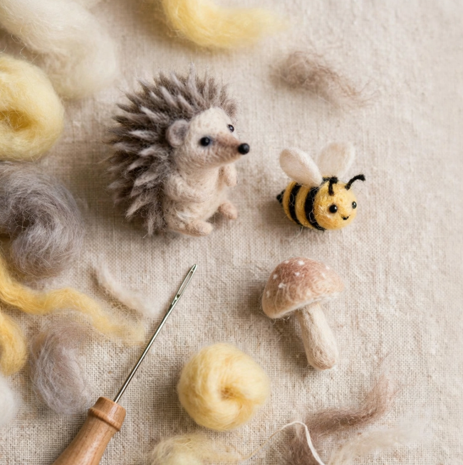 Needle felted miniature hedgehog, bumblebee, and mushroom surrounded by wool roving and felting needles, an adorable idea for crafts you can finish in one afternoon