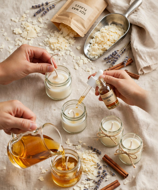Hands pouring melted soy wax and adding fragrance oil into small glass jars with wicks, showing crafts you can finish in one afternoon.