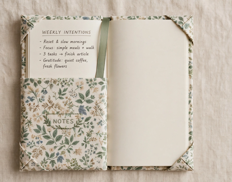 Open journal with a weekly intentions list set inside a handmade floral fabric book cover with pockets, showing crafts you can finish in one afternoon.