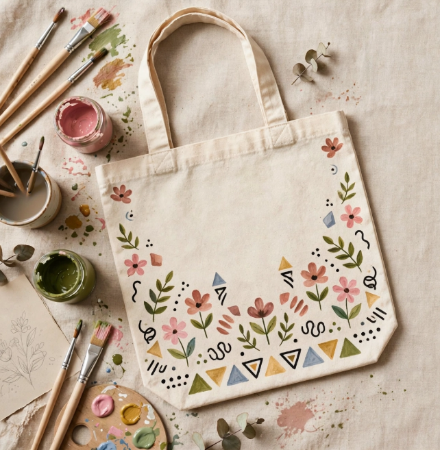 Canvas tote bag decorated with hand-painted floral and geometric folk patterns alongside brushes and fabric paints, showing crafts you can finish in one afternoon.