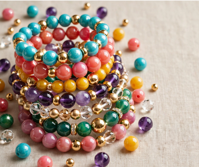 Stack of colorful beaded stretch bracelets with gemstone, crystal, and gold accent beads, an easy jewelry idea for crafts you can finish in one afternoon.   