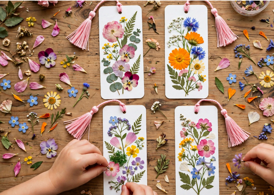 Hands arranging pressed colorful flowers and leaves onto white bookmarks with pink tassels, showing creative crafts you can finish in one afternoon.   