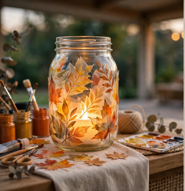 Glowing autumn leaf decoupage mason jar lantern illuminated by candlelight with paints and brushes nearby, an idea for crafts you can finish in one afternoon.