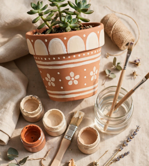 Hand-painted terracotta clay pot with white floral patterns holding a succulent, surrounded by acrylic paints and brushes for crafts you can finish in one afternoon.