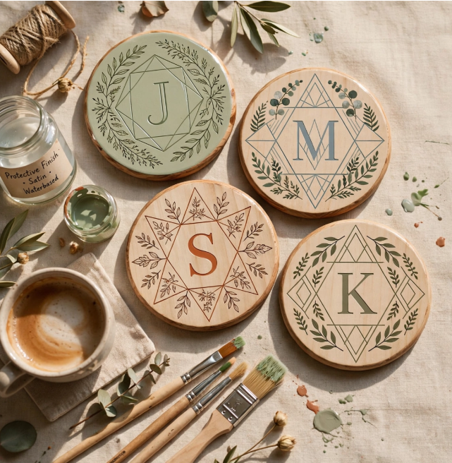 Personalized wooden drink coasters with painted monogram letters and botanical wreaths beside paintbrushes and a coffee cup, showing crafts you can finish in one afternoon.   