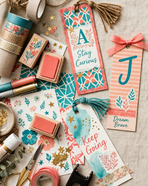  Handmade paper bookmarks featuring motivational quotes, stamps, and yarn tassels alongside craft supplies, showing crafts you can finish in one afternoon.   