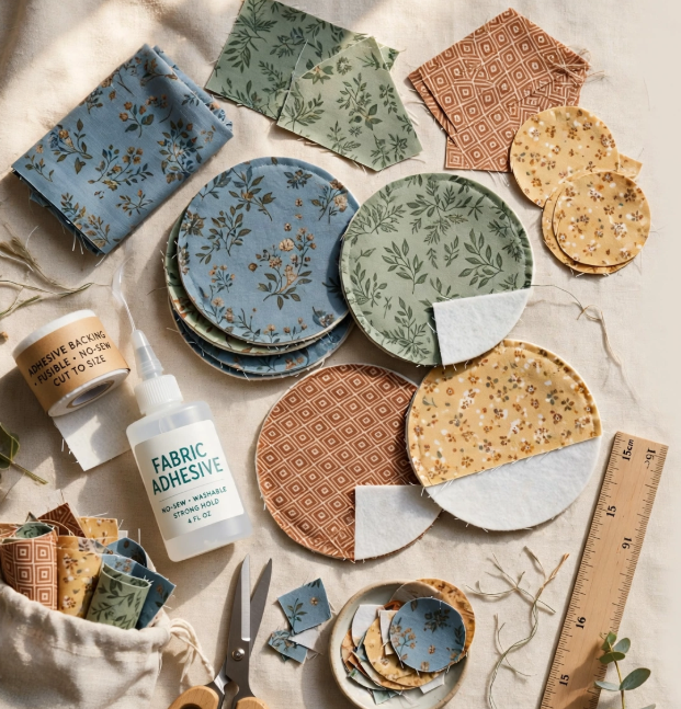Patterned floral and geometric fabric scrap coasters laid out with fabric glue, scissors, and adhesive backing, showing crafts you can finish in one afternoon.