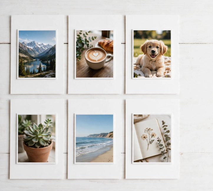 Six white handmade greeting cards mounted with aesthetic mini photo prints including landscapes, a puppy, and coffee, representing crafts you can finish in one afternoon.