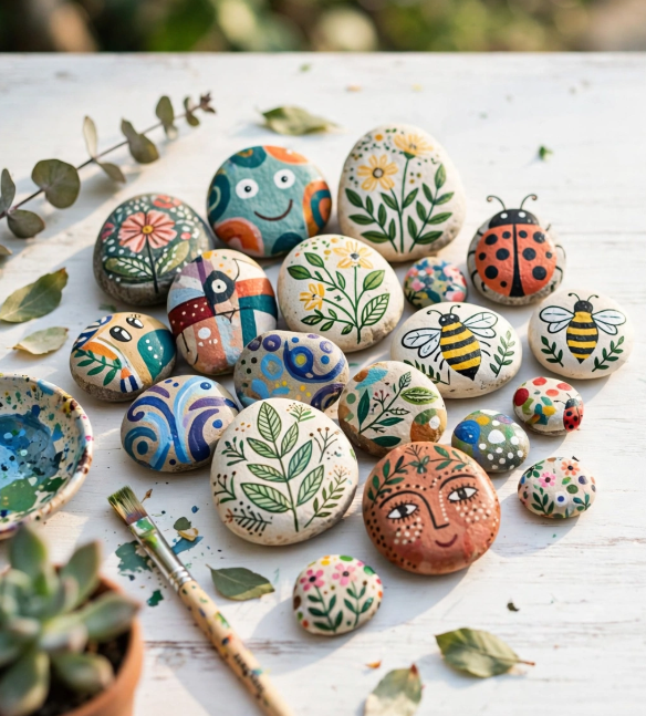 Collection of hand-painted river rocks with floral, bee, ladybug, and folk art faces beside a paintbrush, showing crafts you can finish in one afternoon.
