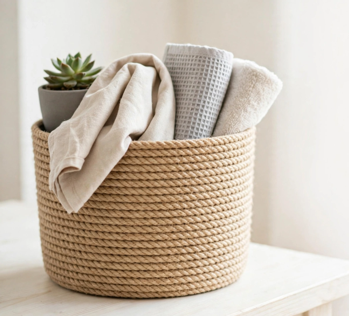 Coiled jute rope storage basket holding folded neutral towels and a small potted succulent, showcasing crafts you can finish in one afternoon.