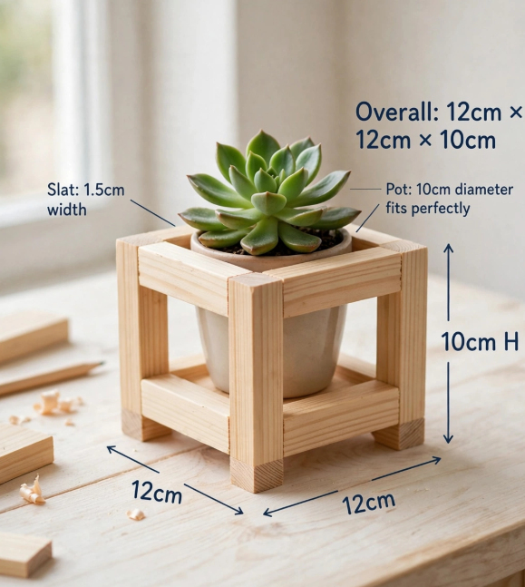 DIY wooden cube succulent planter stand with dimensions on a tabletop, representing crafts you can finish in one afternoon.