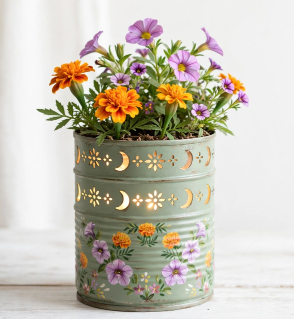 Upcycled green tin can planter with punched celestial patterns and painted floral details holding blooming petunias and marigolds, showing crafts you can finish in one afternoon.