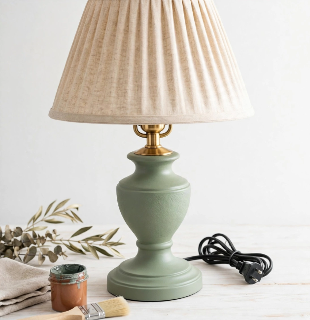 Upcycled vintage table lamp painted in matte sage green with a pleated fabric shade alongside paint supplies, showing crafts you can finish in one afternoon.