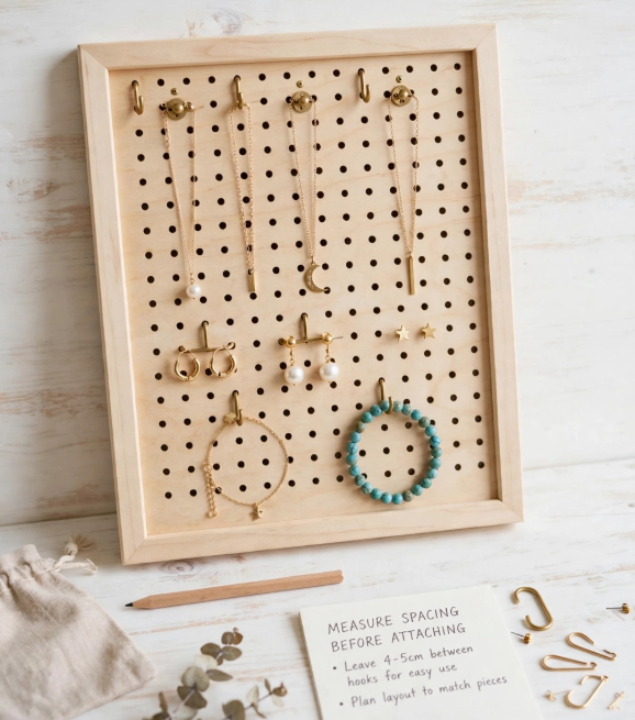 Wooden framed pegboard jewelry organizer holding necklaces, earrings, and bracelets beside hooks and measurement notes, showing crafts you can finish in one afternoon.