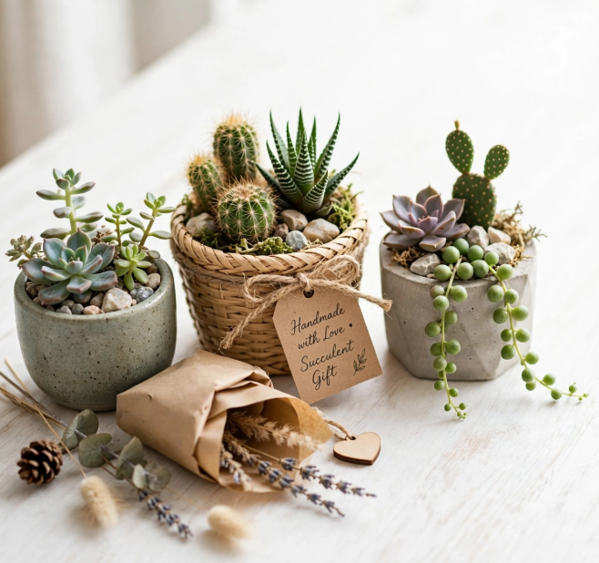 Mini potted succulents and cacti arranged in woven basket, ceramic, and geometric cement planters with gift tags, showing crafts you can finish in one afternoon.