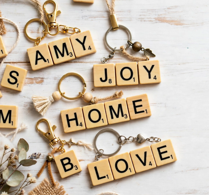 Handmade keychains made from vintage Scrabble letter tiles spelling names and words like Amy, Joy, Home, and Love, showing crafts you can finish in one afternoon.
