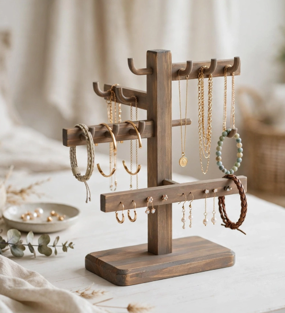 Dark wood tabletop jewelry tree stand organizing necklaces, bracelets, and earrings with small wooden pegs, showing crafts you can finish in one afternoon.