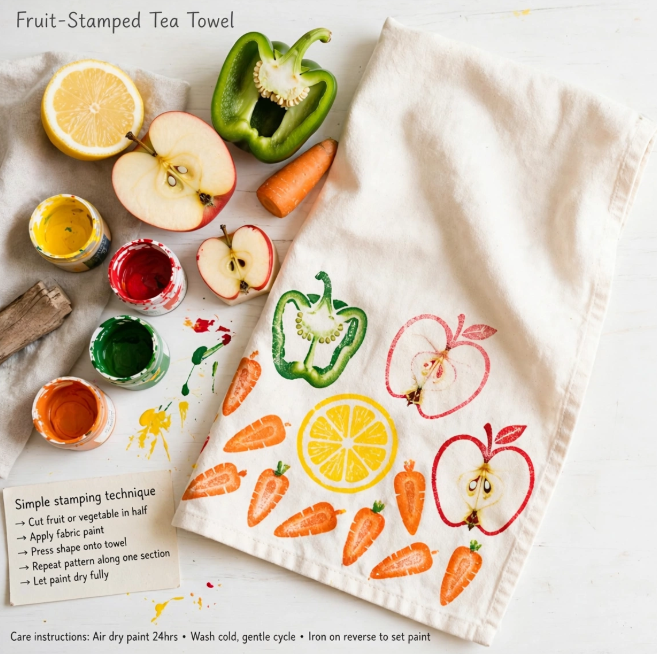 Fruit and vegetable stamped tea towel with lemon, apple, bell pepper, and carrot prints beside fabric paint jars, showing crafts you can finish in one afternoon.