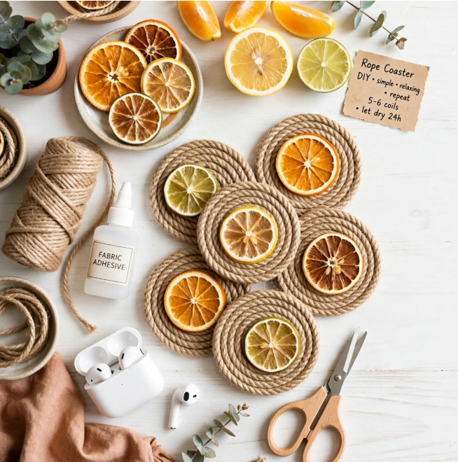  Coiled jute rope drink coasters topped with dried orange, lemon, and lime slices alongside twine, glue, and scissors, showing crafts you can finish in one afternoon.   
