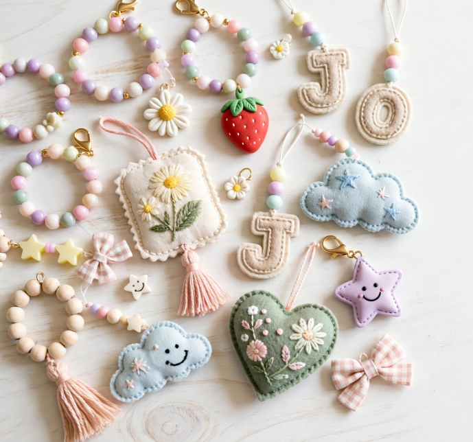 Handmade pastel felt and beaded charms including embroidered hearts, clouds, initials, and tassels, showing crafts you can finish in one afternoon.